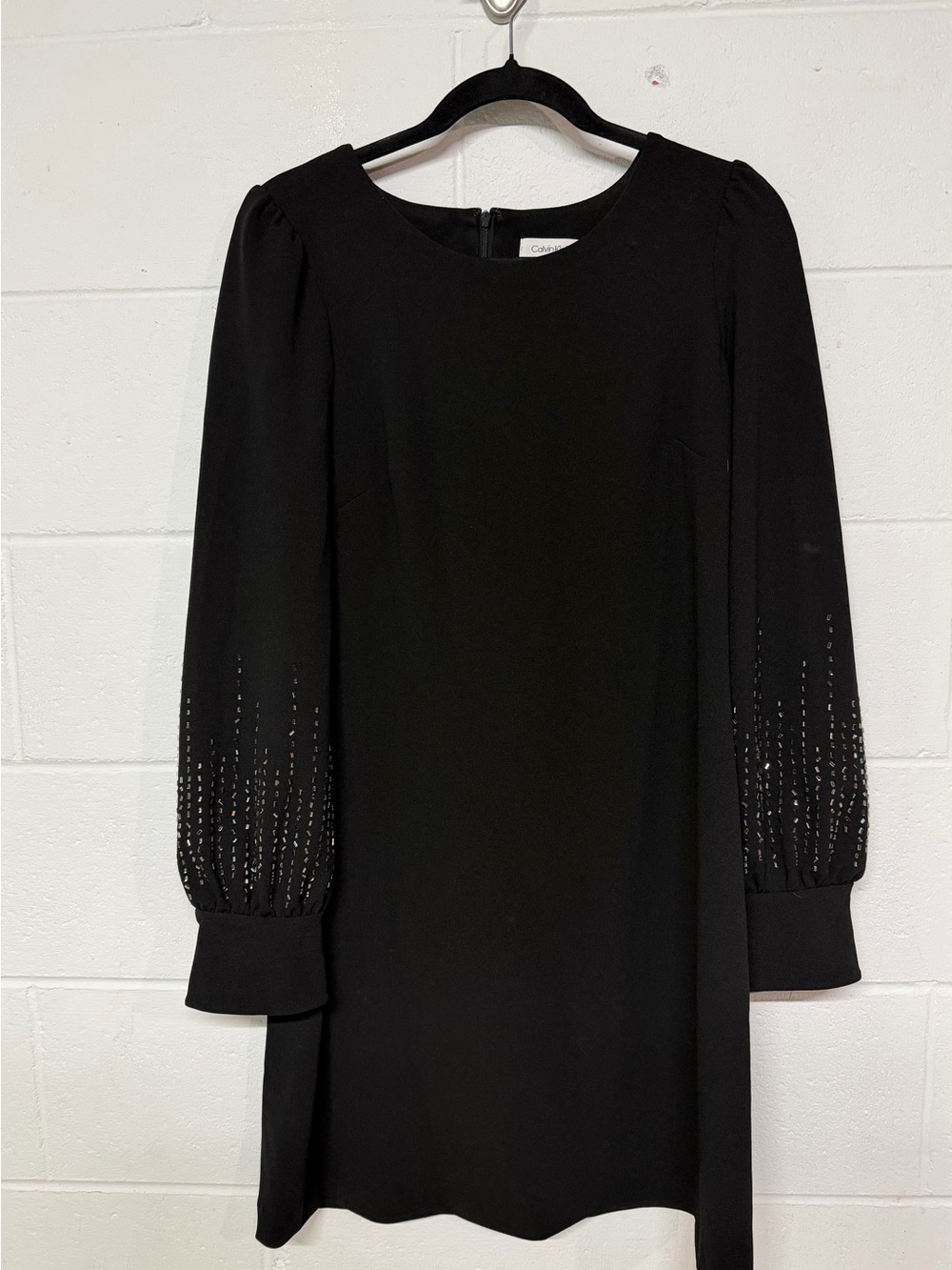 Calvin Klein Black Long-Sleeve Shift Dress with Beaded Sleeves